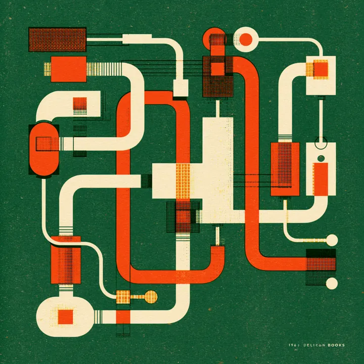 A maze of red looping pipes and circuits on a deep green ground