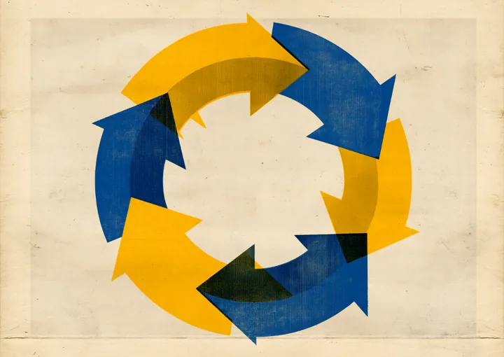 Blue and yellow arrows curving into a continuous circular loop