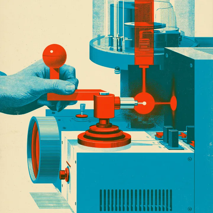 Hands operating a retro machine