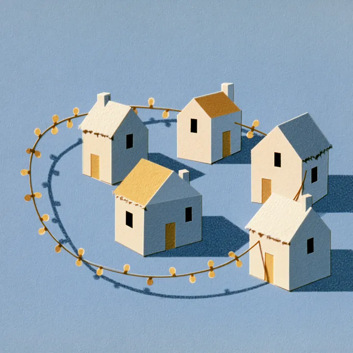 A row of small houses strung along a looping wire path