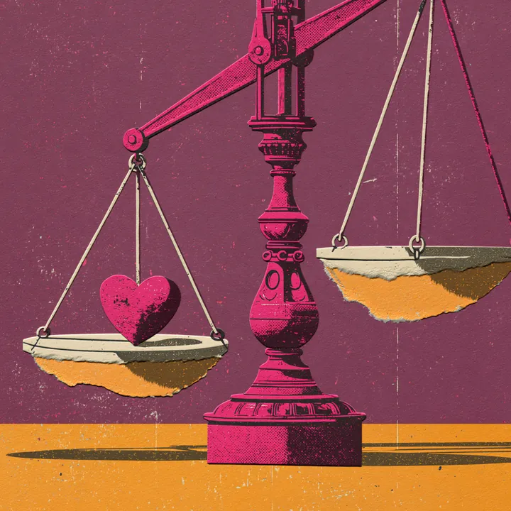 A pink set of balance scales weighing two dishes against each other