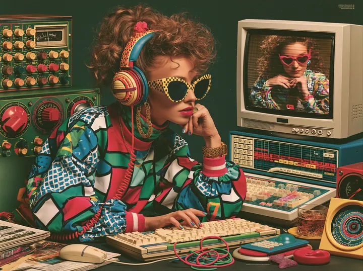 A woman focused at her retro AI workstation